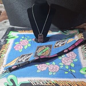 Harley-Davidson Blue Bandana with Pink Floral, Black Lanyard and Pendant